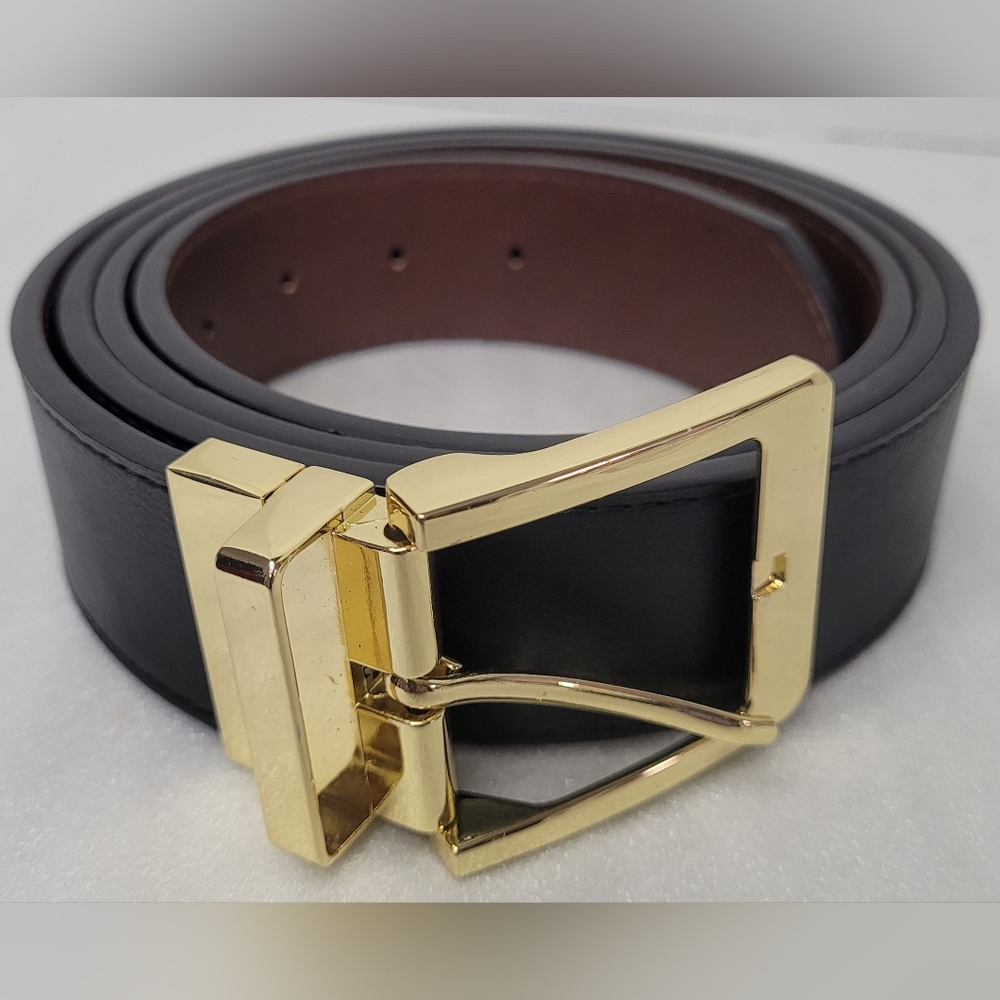 NWOT Black Leather Belt  51.5 to 54.5 inch waist Gold Buckle